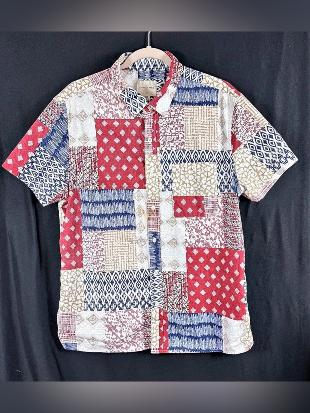 American Eagle Patchwork Geometric Shirt in Red & Blue Large Button up short sle